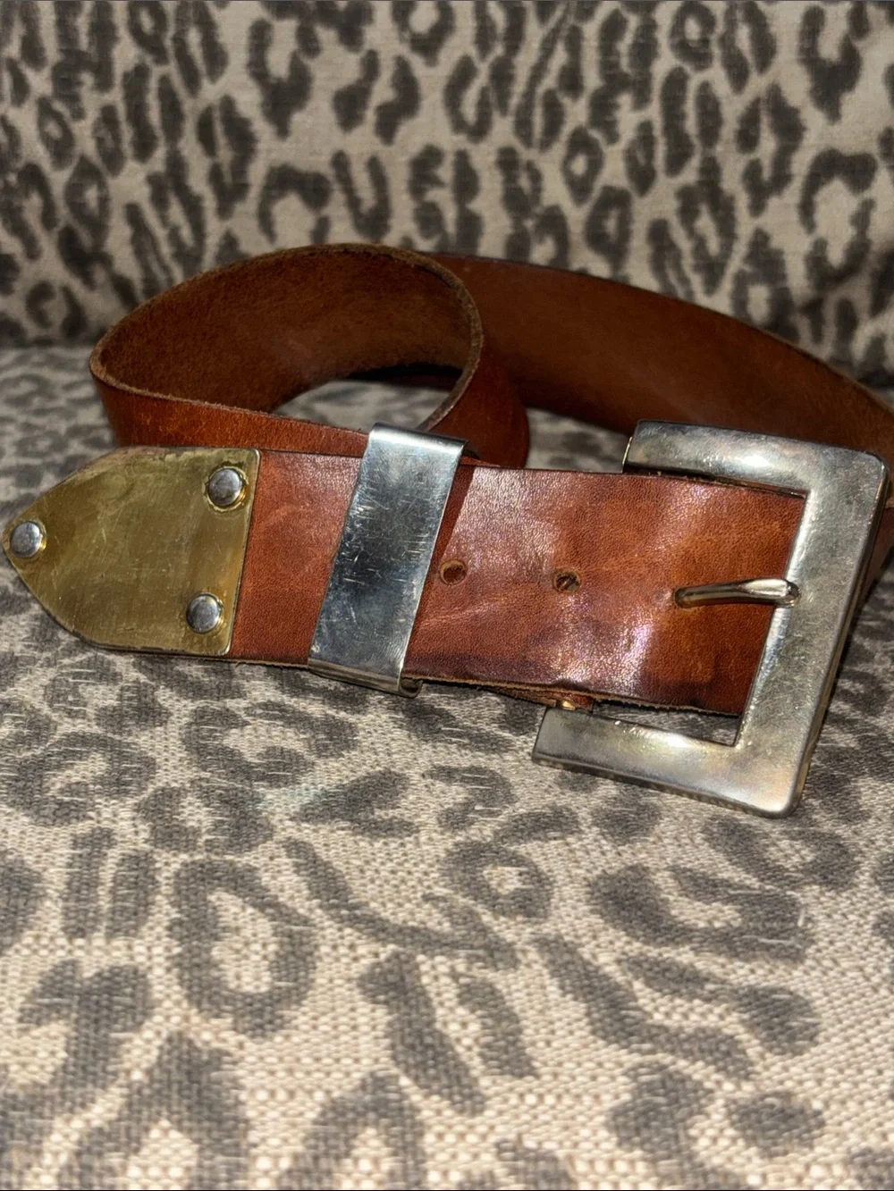 Vintage steerhide belt mixedmetallic chunky metal statement belt thick buckle